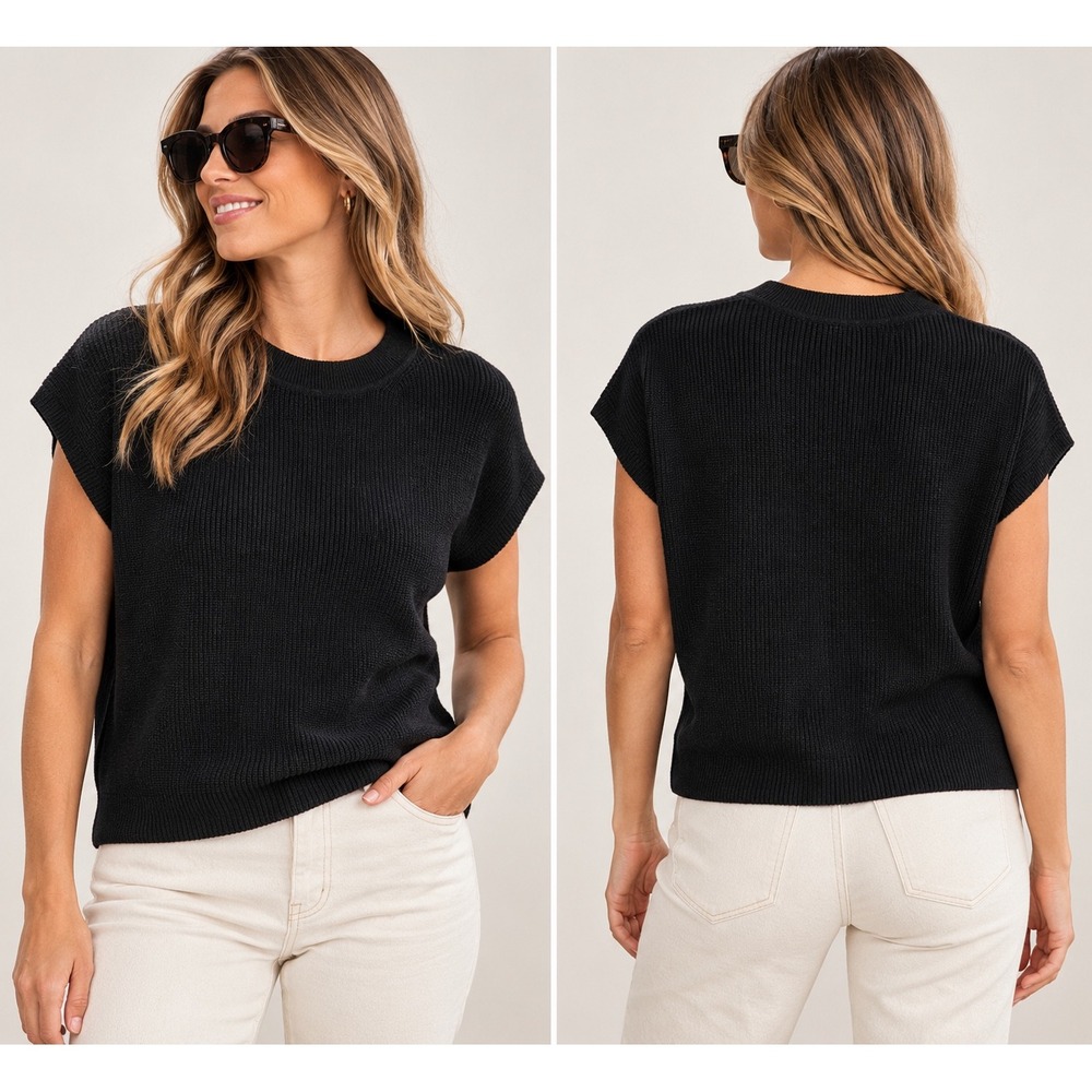 Banana Republic Women S Black Linen Rayon Ribbed Dolman Short Sleeve Sweater